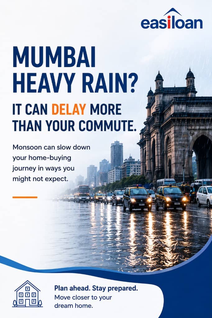 Mumbai monsoon scene with Gateway of India and yellow taxis in heavy rain — Easiloan guide on how monsoon weather can affect your home-buying journey and how to stay prepared.