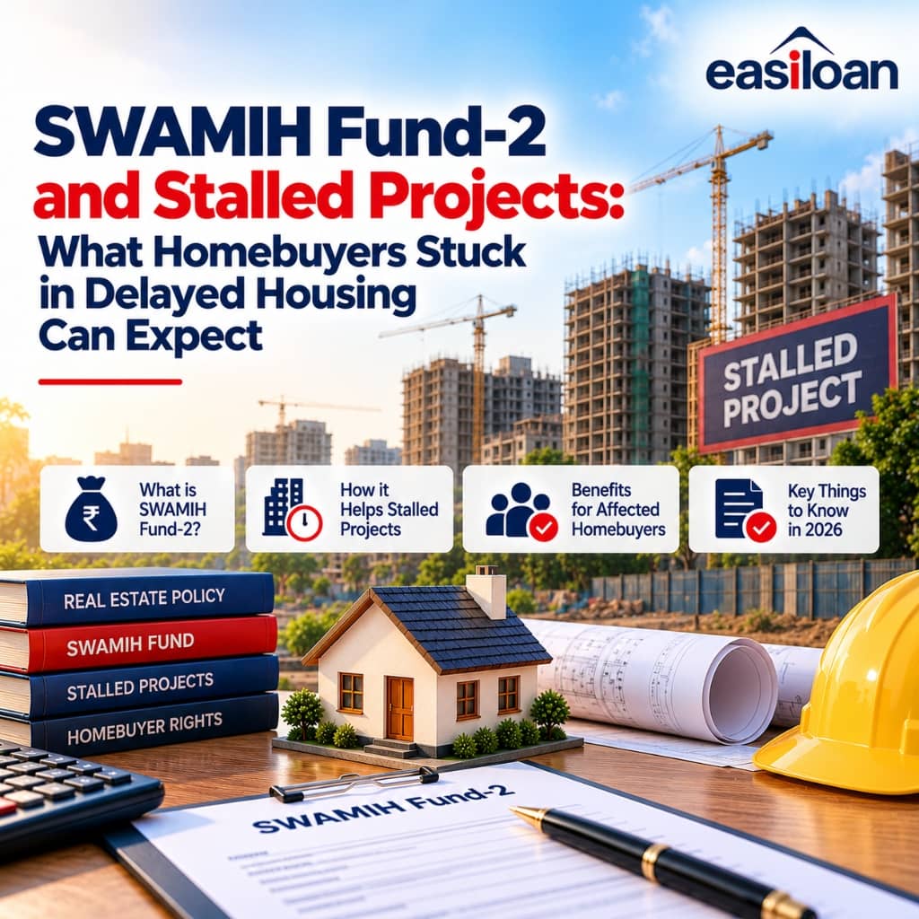 SWAMIH Fund-2 infographic showing stalled housing project with construction towers, blueprint documents, miniature house, and homebuyer rights