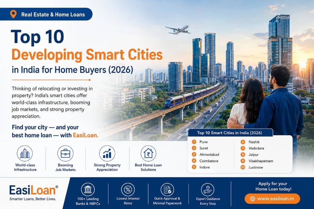 Top 10 developing smart cities in India for home buyers in 2026 — Pune, Surat, Ahmedabad, Coimbatore, Indore, Nashik, Vadodara, Jaipur, Visakhapatnam, and Lucknow with EasiLoan home loan solutions.