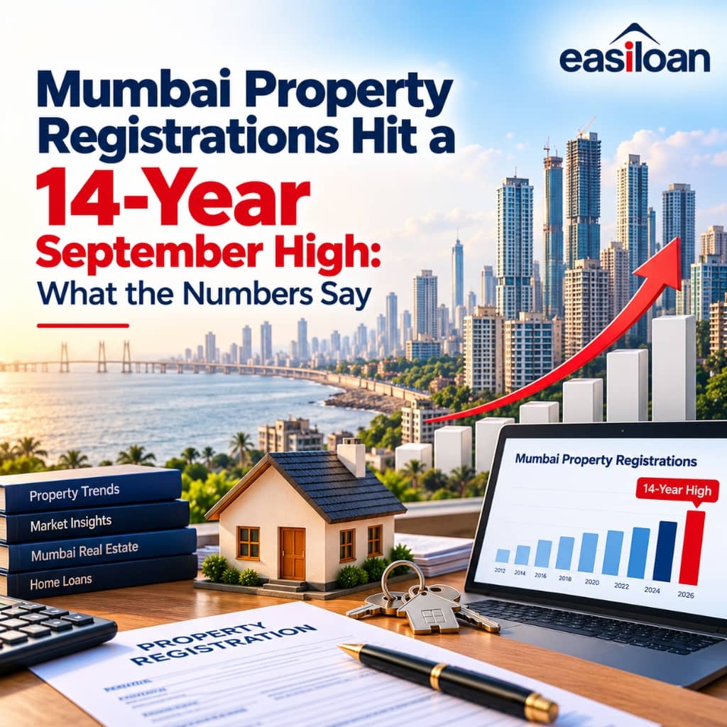 Mumbai property registrations hit 14-year September high with city skyline, property registration documents, miniature house, and registration charts