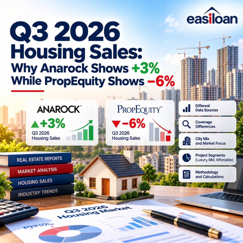 Infographic contrasting Anarock and PropEquity Q3 2026 housing sales data with city towers, housing market charts, miniature house, and real estate reports