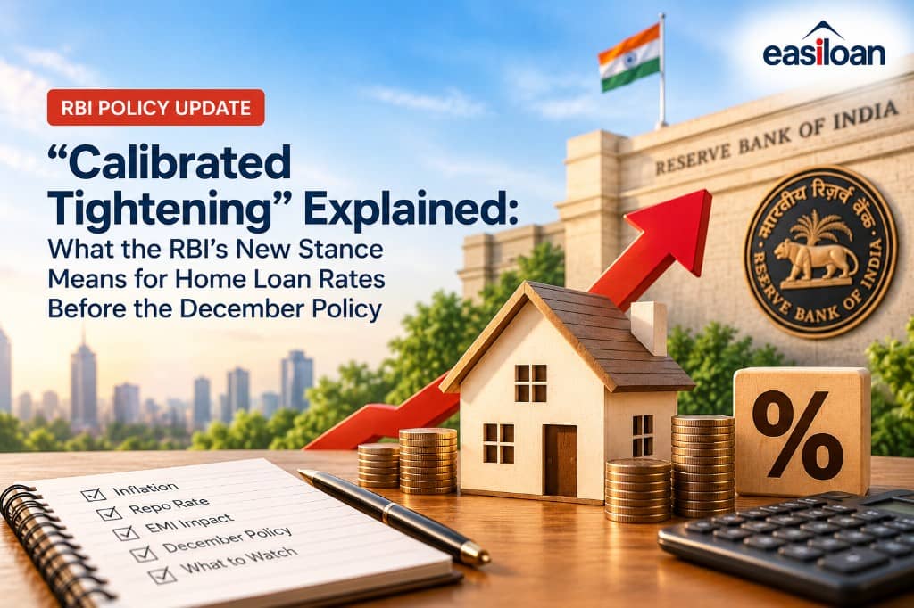 RBI policy update graphic explaining calibrated tightening, with a checklist for inflation, the repo rate, EMI impact, the December policy, and what to watch before the next meeting