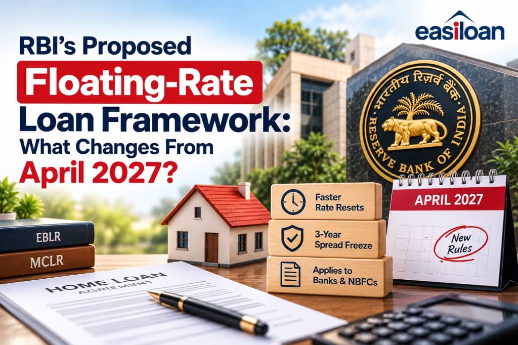 RBI's proposed floating-rate loan framework from April 2027 — faster rate resets, 3-year spread freeze, applies to banks and NBFCs; home loan agreement, EBLR/MCLR books, April 2027 calendar, and Reserve Bank of India seal