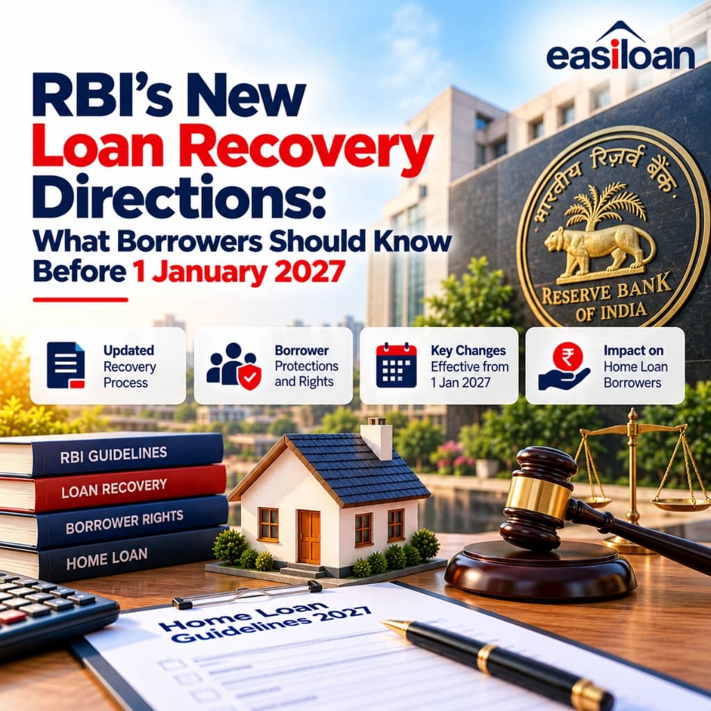 RBI loan recovery directions 2027 infographic featuring Reserve Bank of India emblem, legal gavel, loan paperwork, miniature house, and borrower rights icons