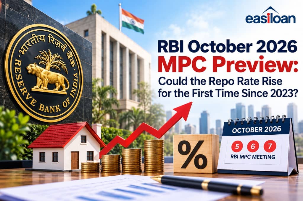 RBI October 2026 MPC preview — calendar marking Oct 5–7 meeting dates, rising coin stacks with rate hike arrow, miniature house, and Reserve Bank of India seal; Easiloan analysis of a possible first repo rate hike since 2023