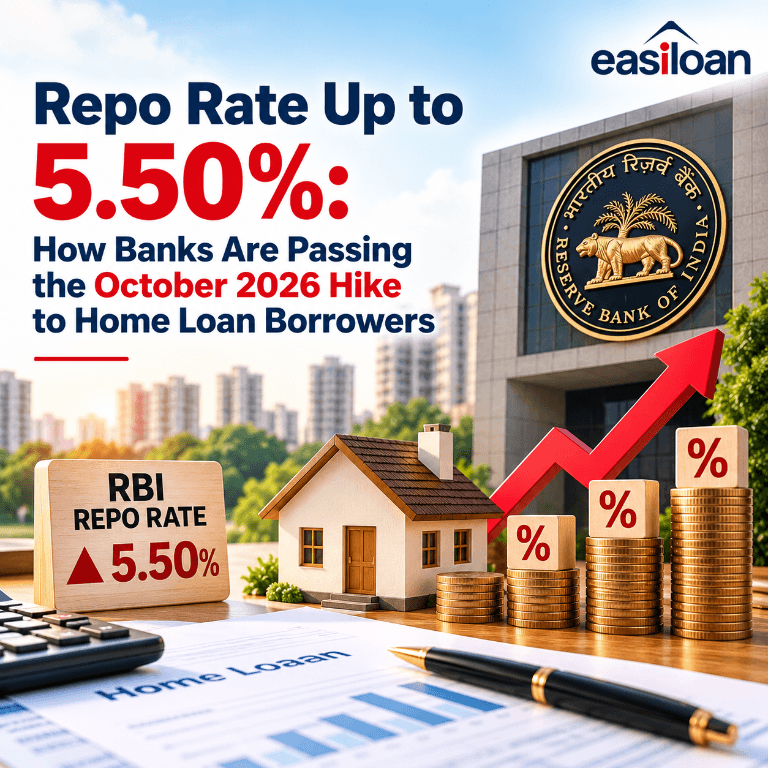 Repo rate at 5.50% and its impact on home loan borrowers, with a home, RBI emblem, rising rate arrow and EMI figures.