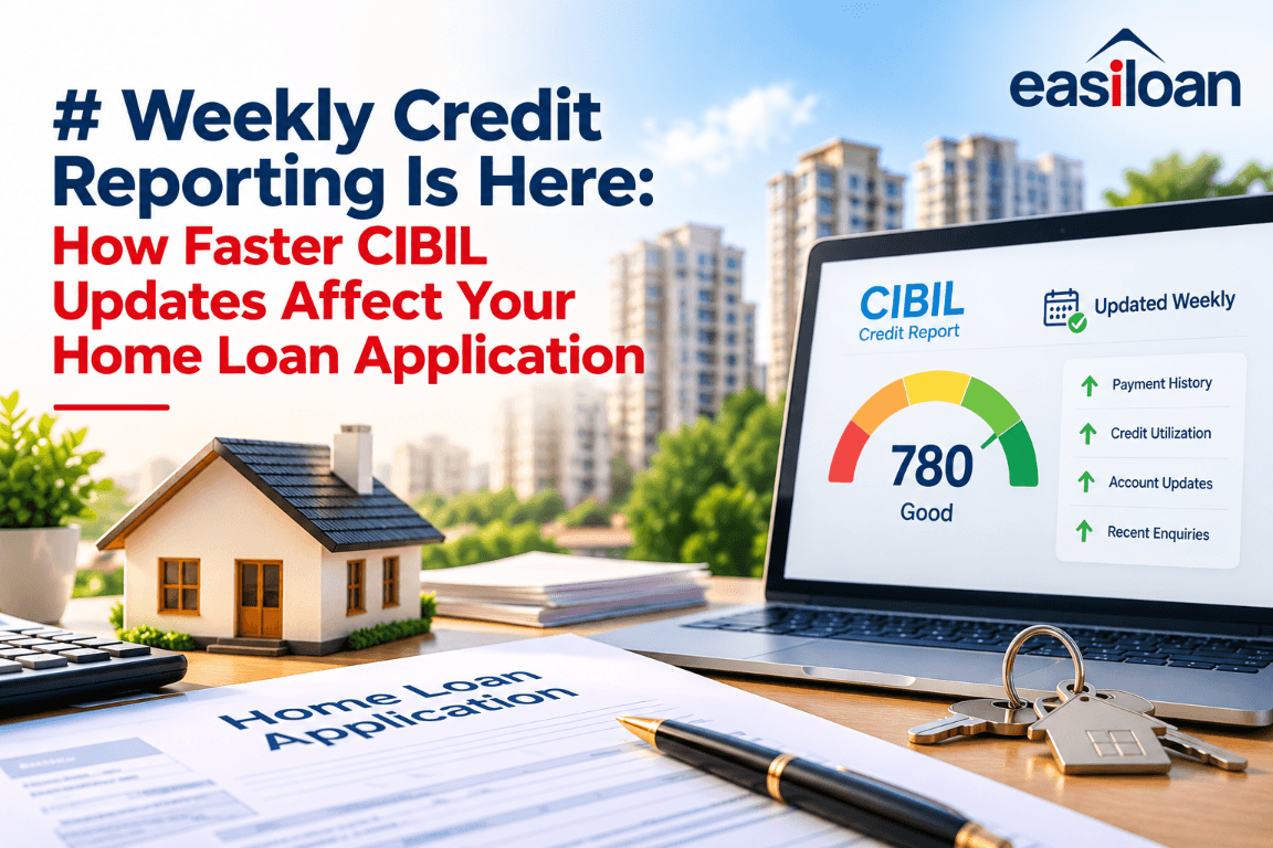 Illustrated blog cover showing a laptop with a CIBIL score, weekly credit reporting updates, and a home loan application form