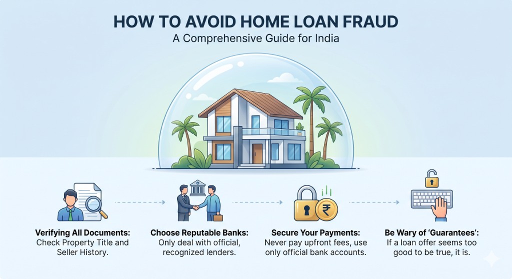 Illustration showing how to avoid home loan fraud in India with document checks, reputable banks, secure payments, and caution against fake guarantees.